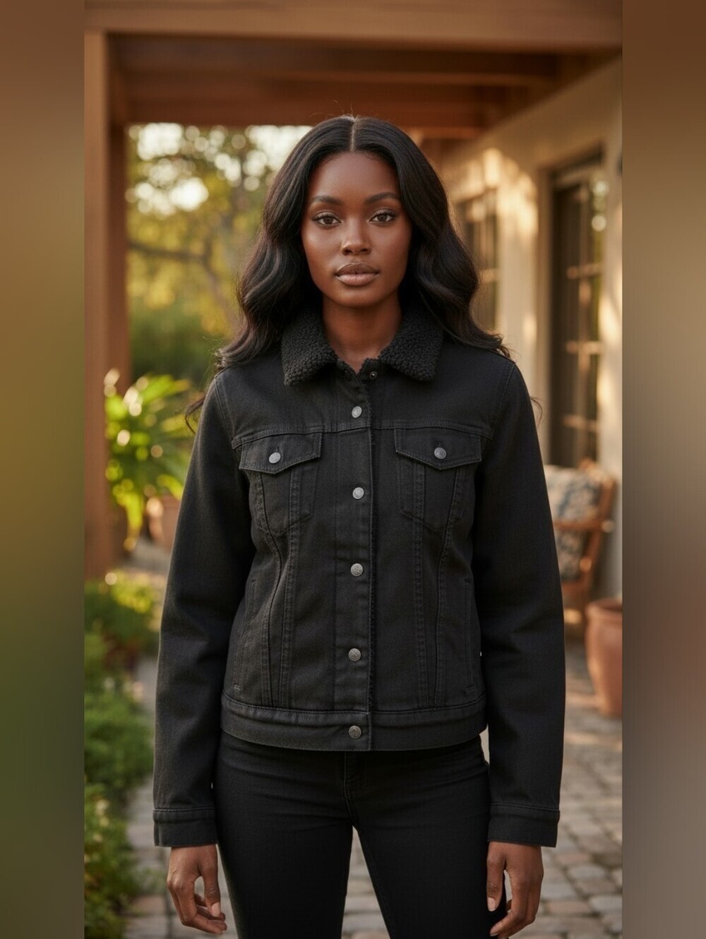 Levi's Black Denim Trucker Jacket Sherpa Collar Cotton Elastane Women's Size M